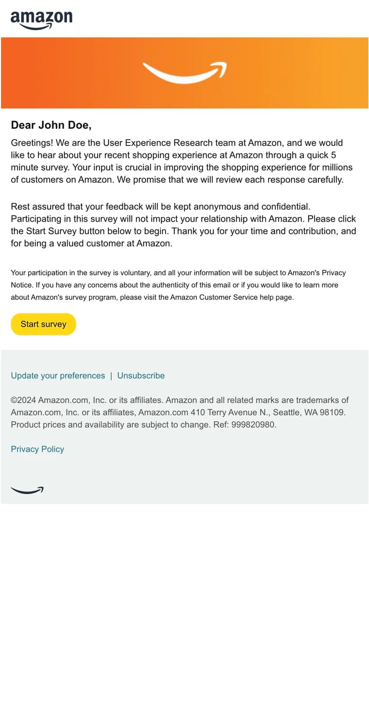Amazon User Experience Survey Invitation